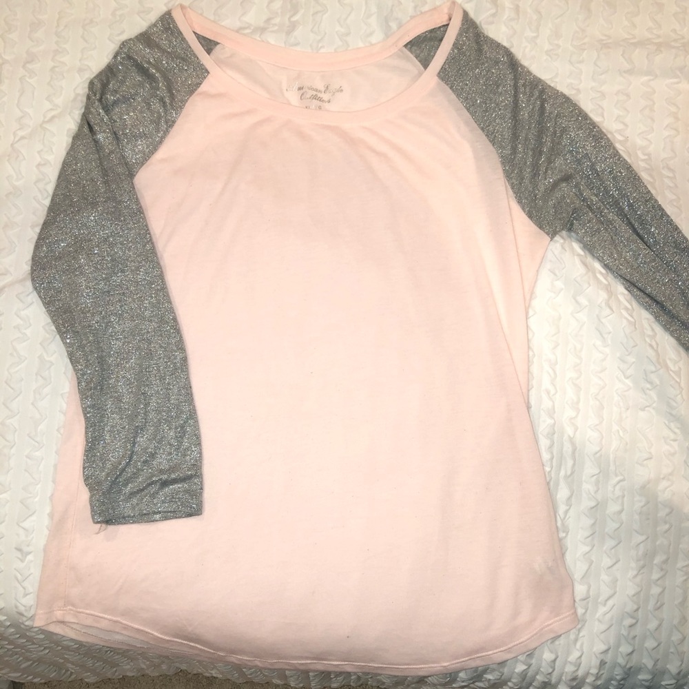 American Eagle 3/4 Sleeve Pink/Silver Shirt, XL